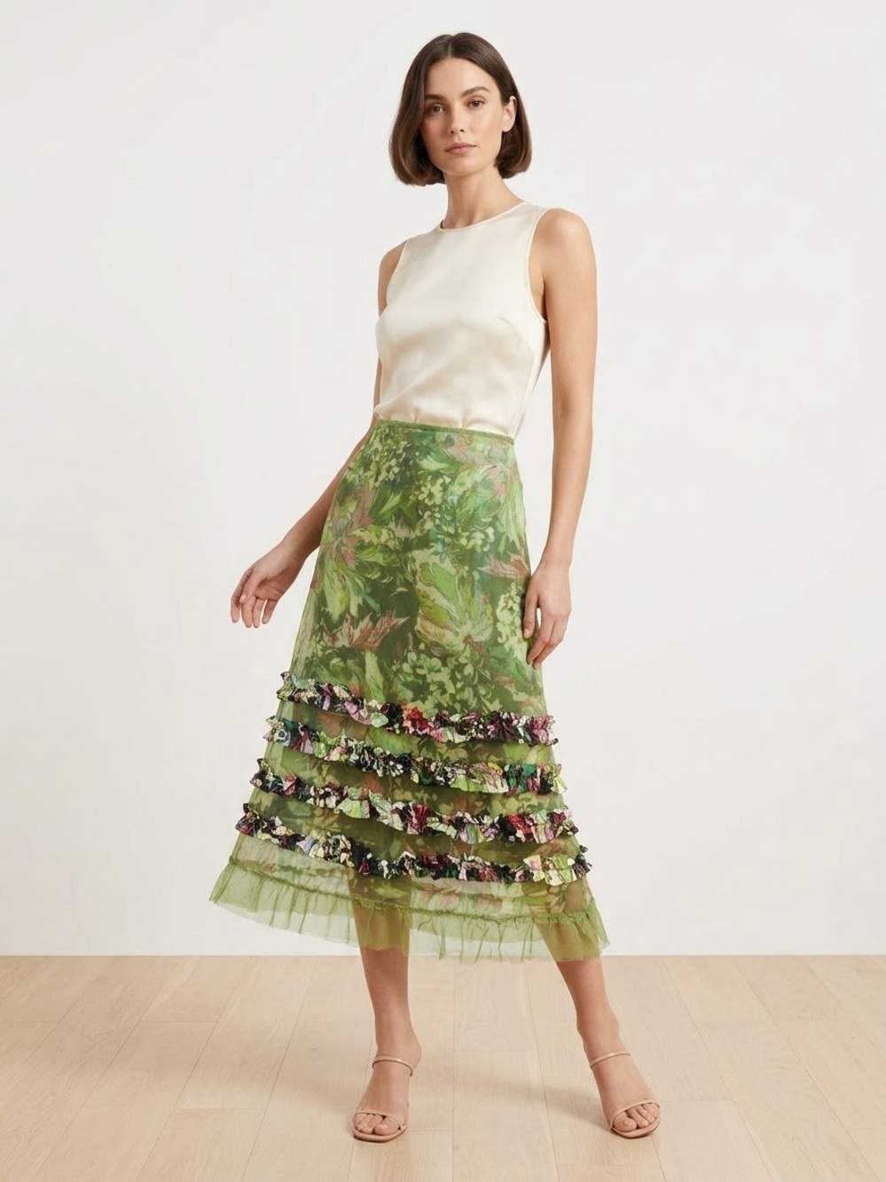 Green Floral Tiered Ruffle Midi Skirt